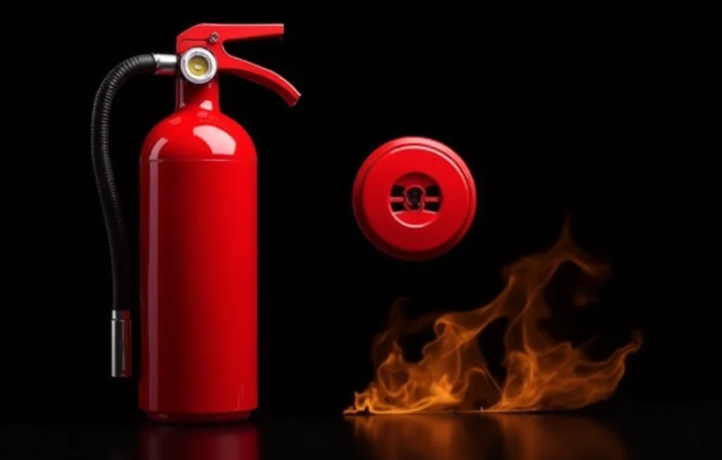 Replantearse la seguridad Extintor y alarma contraincendios sobre un fondo negro y unas llamas